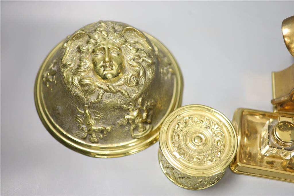 An Art Nouveau bust of a lady, 22cm high an inkwell and box and bronze dome ornament